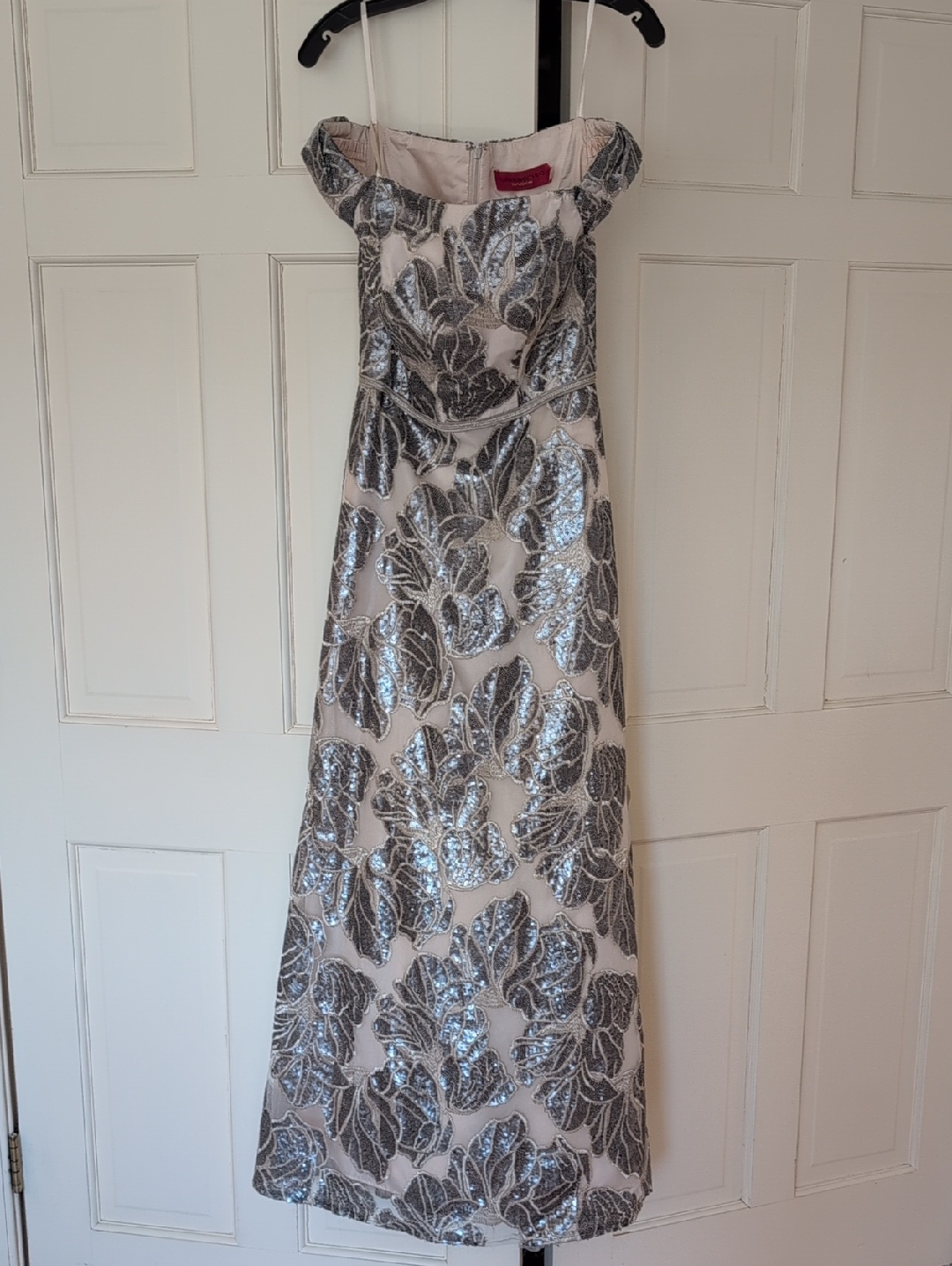 Carmen Marc Valvo Off-Shoulder Sequin Leaf Gown In Cream And Silver